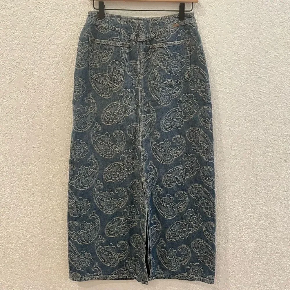 Vintage Liz Claiborne LizWear‎ Denim Bohemian Paisley Embroidered Maxi Skirt 4
